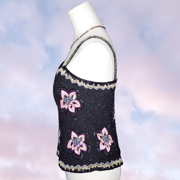 Vtg Y2k Beaded Fairy Formal Floral Black Pink Spaghetti Strap Corset Tank Top - Picture 6 of 9